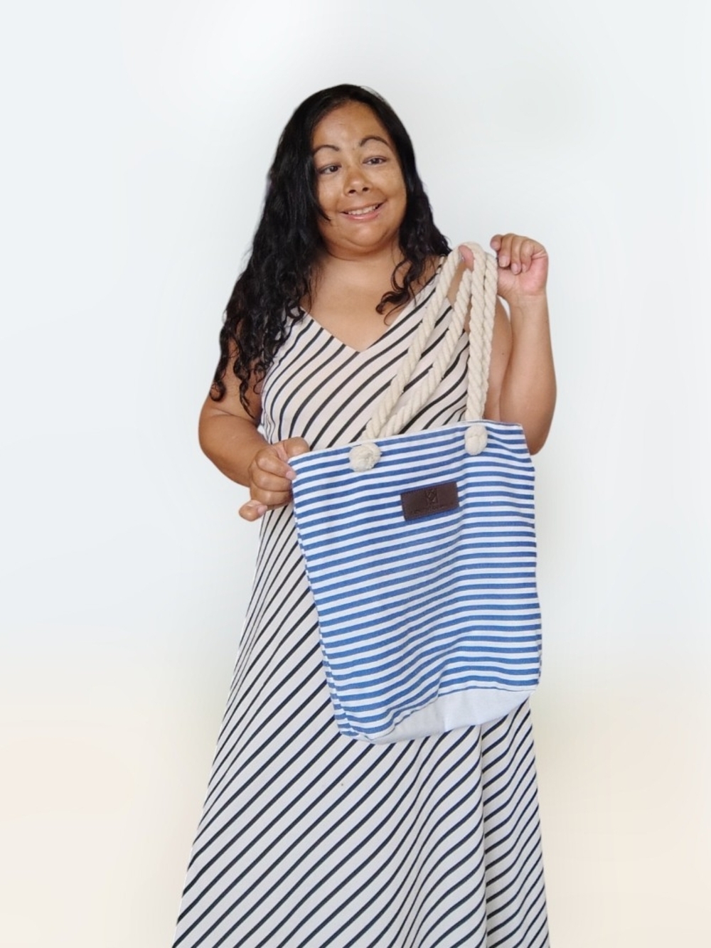 Katherine Karambelas Blue & White Striped Canvas Tote - Picture 9 of 13